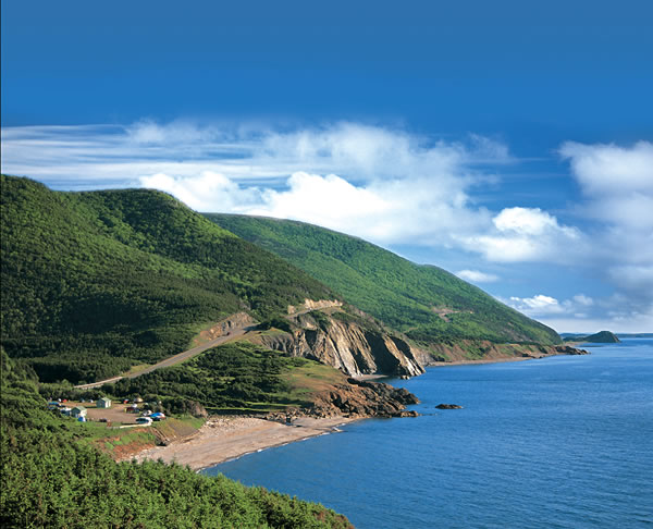 Cabot trail bike tour mountains and ocean view